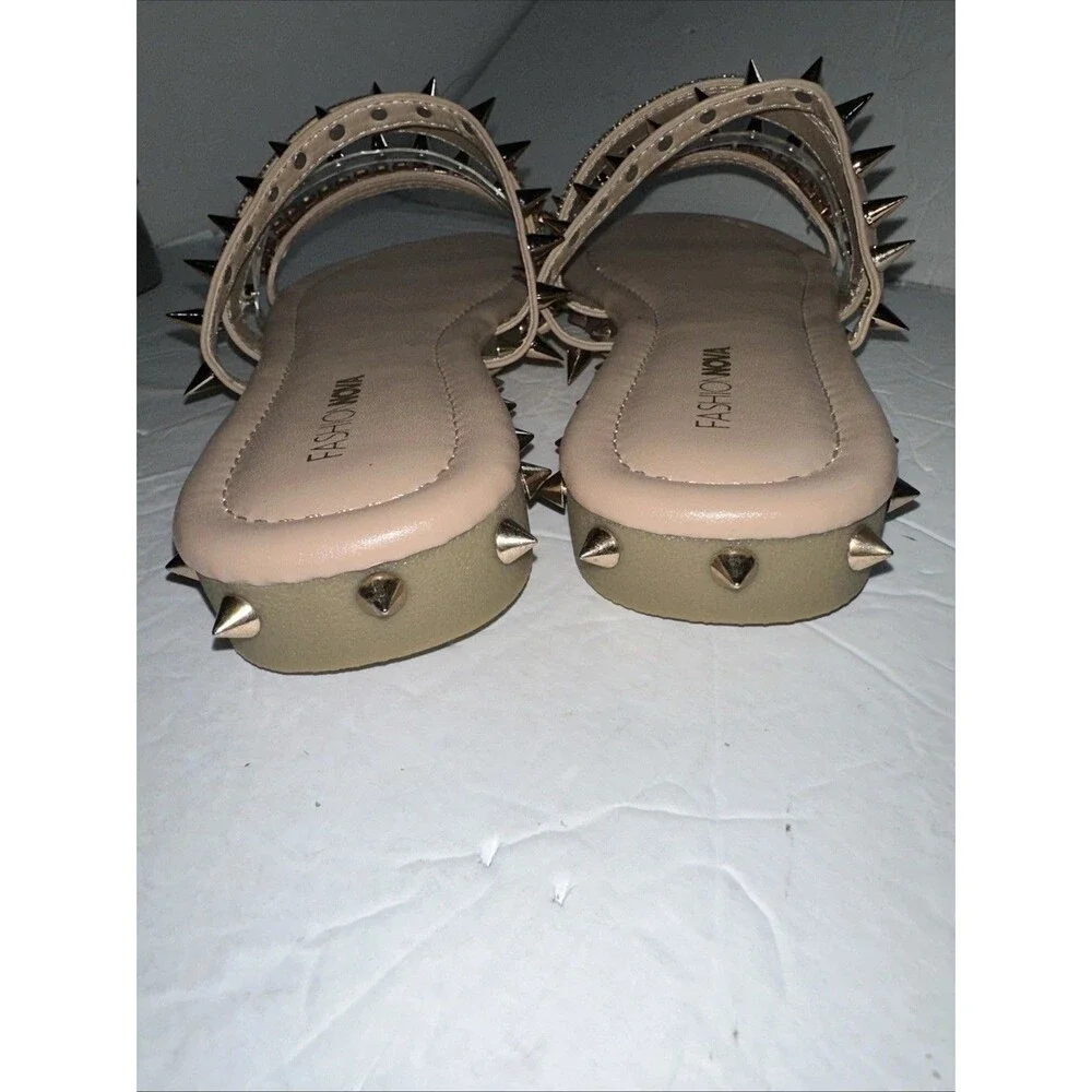 Fashion Nova Sandals 9 Flat Strap Spike Studded Rhinestones Bling Rose Gold NIB - Picture 4 of 7